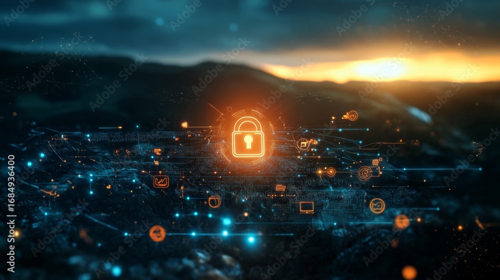 Aufkleber digital lock activation in a virtual landscape futuristic technology concept digital environment hov