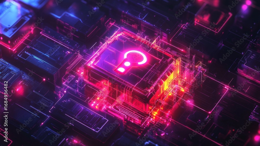 Poster unlocking the future a glowing digital lock surrounded by tech symbols in a futuristic environment