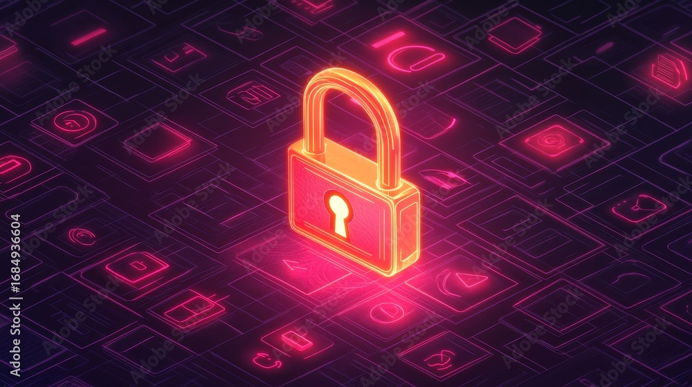 Aufkleber floating glowing lock above a tech icon grid digital environment conceptual visualization for securi