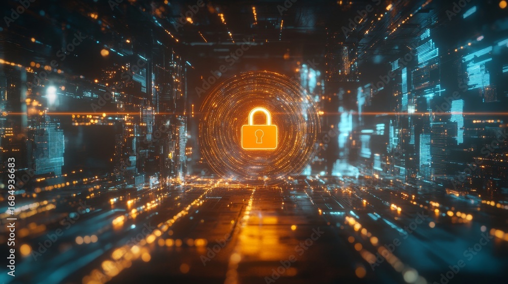 Poster enhancing cybersecurity glowing lock icon overlaid on computer screen in digital environment futuris