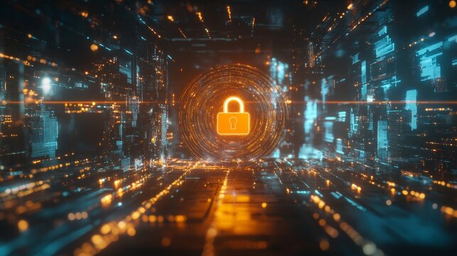 Enhancing cybersecurity glowing lock icon overlaid on computer screen in digital environment futuristic perspective