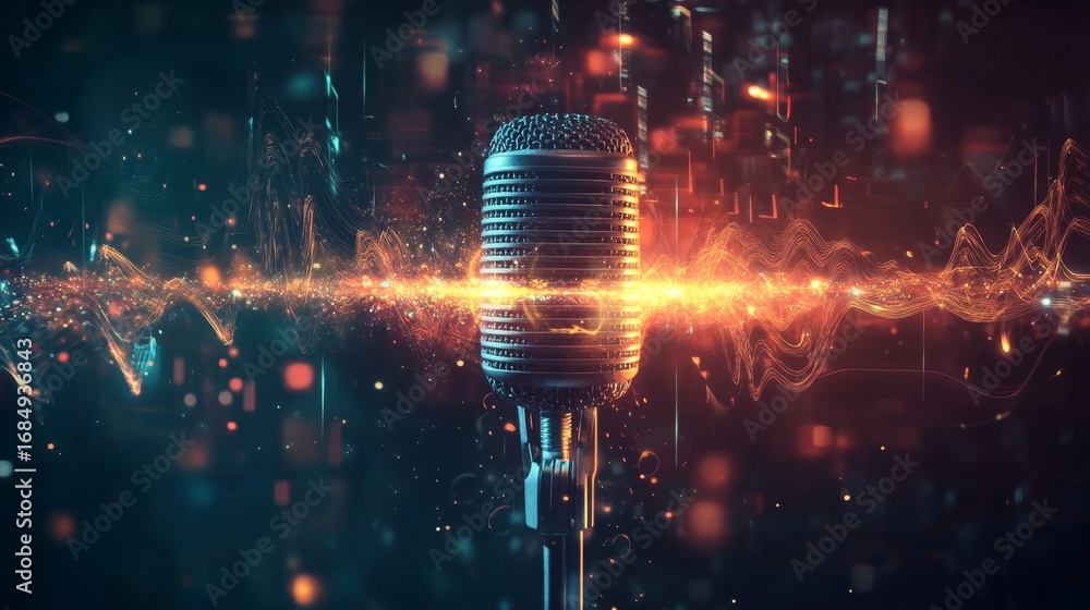 Poster dynamic sound waves emitting from a glowing microphone in a digital studio environment