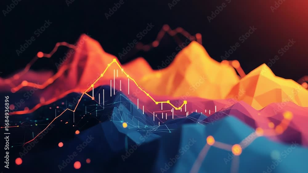 Poster financial data depicted as a colorful low poly mountain range with glowing lines and dots