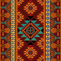 Native American Indian Tribal Geometric Aztec Pattern Navajo ethnic textile with Colorful Diamond Motifs and Floral Borders for fabric Seamless Textile, Vector decoration fashion, Rug, and Home Decor.
