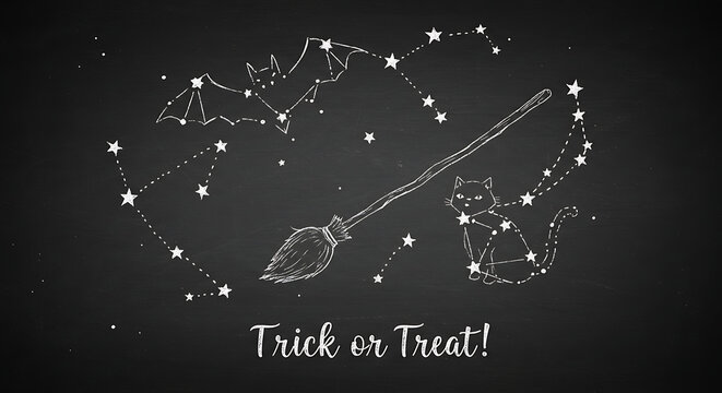 Spooky celestial constellation graphic featuring a witch's broom, a black cat, and a bat against a starry night sky with the text 'Trick or Treat!' suitable for Halloween themes - Powered by Adobe