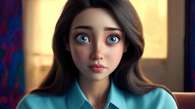 Young woman cartoon character employee changing her facial expressions from surprise to sadness
