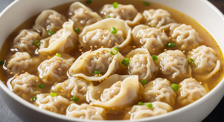 A bowl of wontons with a soup