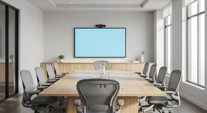 Modern conference room with large screen and wooden table