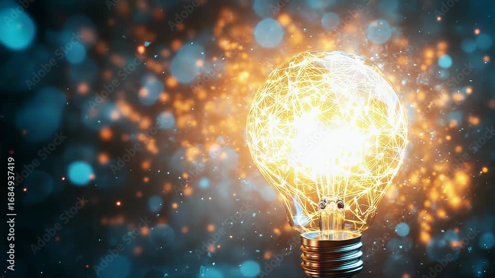 Poster light bulb shining with network connections on dark background