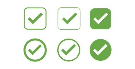 Set of six green checkmark icons in square and circle frames tick correct
