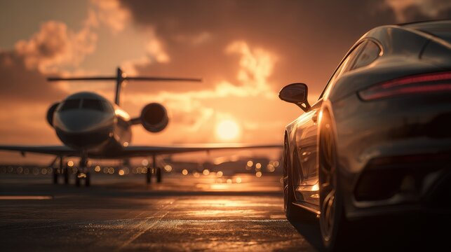 Ultra quality image of luxury car waits at the airport as a private jet taxis on the runway. The setting sun casts a warm glow, creating a scene of opulent travel.