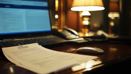 Tax return documents await review on a polished desk, illuminated by a warm lamp, suggesting meticulous financial preparation in a comfortable hotel setting