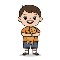 Happy cartoon boy with brown hair joyfully hugging a cute brown teddy bear toy.