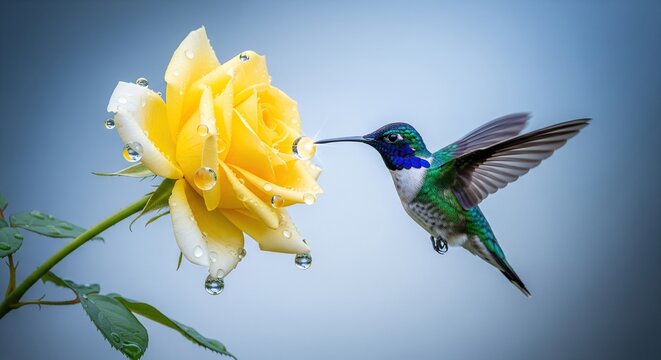 Hummingbird drinking nectar from a dew kissed yellow rose in soft blue light - Powered by Adobe