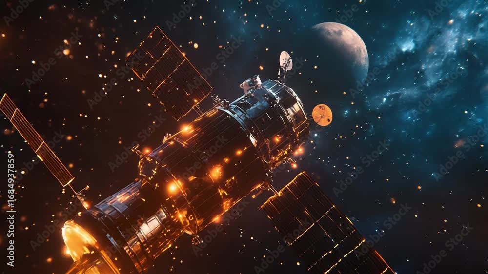 Poster satellite orbiting planet with solar panels deploying in outer space