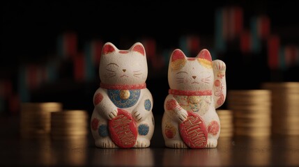 Two Maneki Neko lucky cats figurines with golden coins and stock market chart