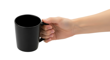a hand extends a simple black mug a symbol of daily ritual and quiet contemplation, isolated on transparent background