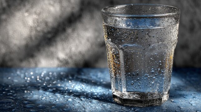 Refreshing cold clear glass of water with condensation and bubbles. This fresh drink sits on blue surface, suggesting cool hydration and pure refreshment for thirst