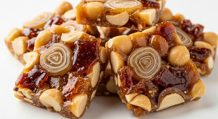 Close-up shot of a stack of delicious peanut brittle candy squares, ready to eat.