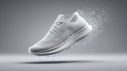 Dynamic white modern running shoe levitating with speed and energy. Single athletic sport sneaker exploding with power against clean grey studio background for advertisement