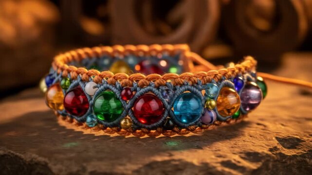 Colorful beaded macrame bracelet close-up, featuring glass beads, fashion jewelry, bracelet, and handmade design displayed on a stone surface.