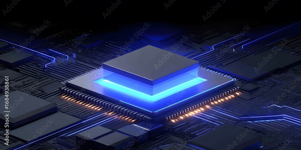 Poster advanced microchip with blue illumination on circuit board