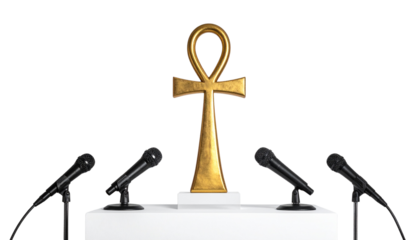 Ancient Egyptian ankh symbol on a podium with microphones ready for a presentation or speech isolated on solid background