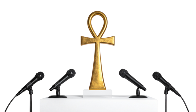 Ancient Egyptian ankh symbol on a podium with microphones ready for a presentation or speech isolated on solid background