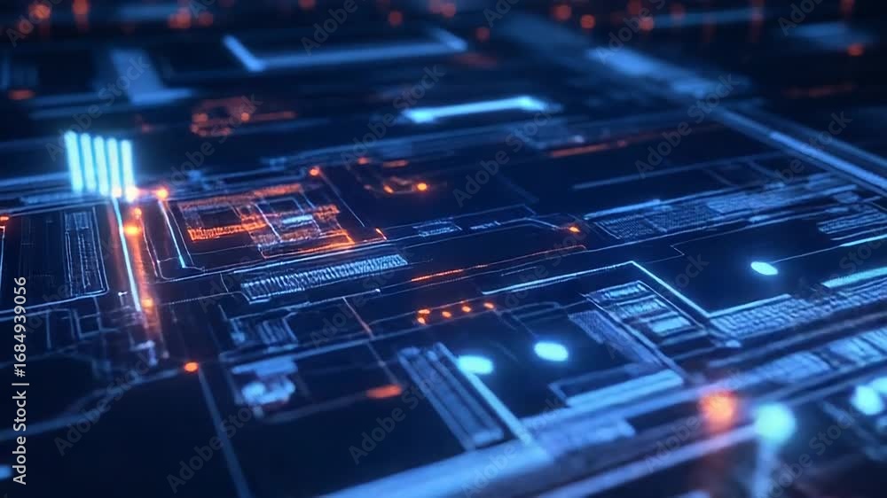 Poster futuristic circuit board pulsating with data flows and glowing connections