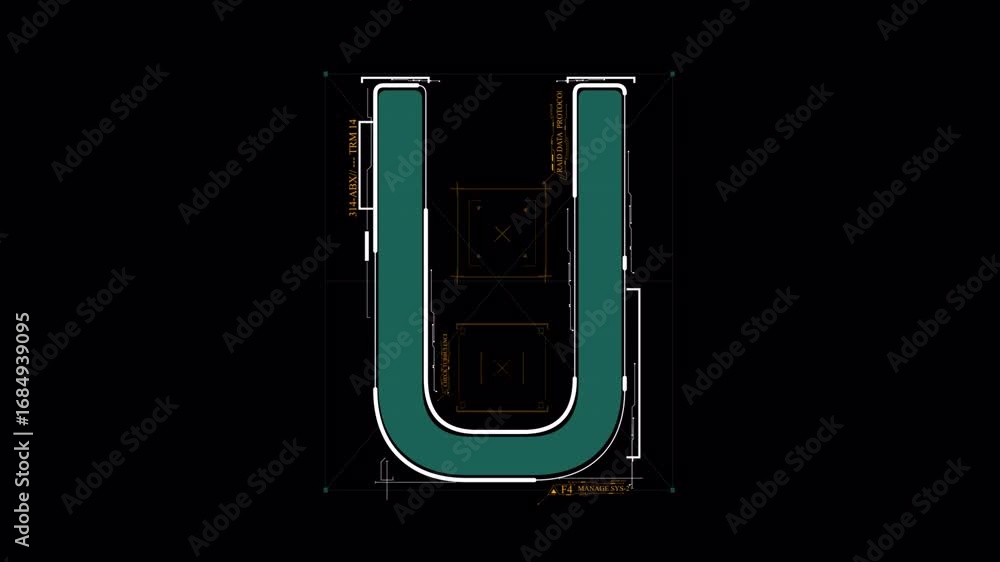 Poster animated letter u: futuristic tech design with blueprint elements and dynamic visuals