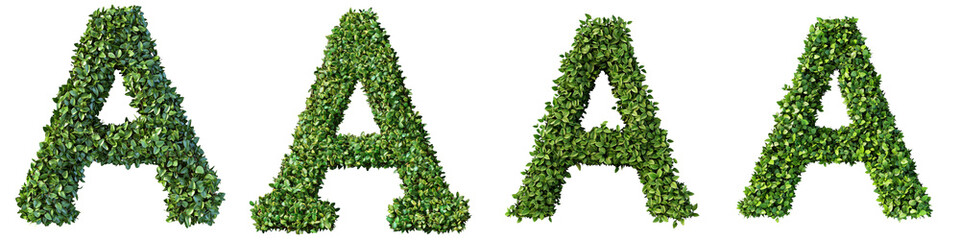 Lush green alphabet hedge letters create vibrant and educational visual for learning. ,isolate on transparent background