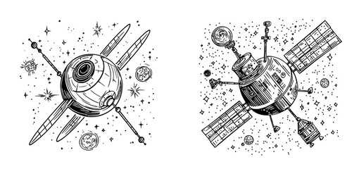Obraz premium Cosmos travel is symbolized by a thin line modern symbol, which is a linear icon used to represent astronomy research or discovery, and is related to a space artificial satellite and cosmos thin line