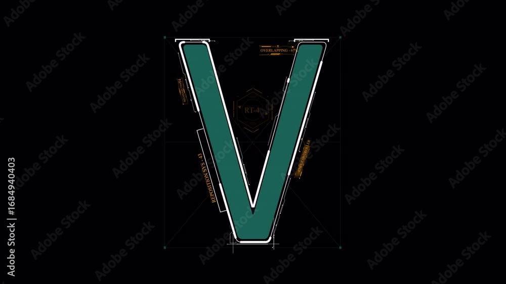 Poster animated futuristic v letter reveal: digital hud interface with system data, overlapping, and reposi