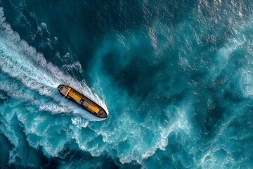 Obraz premium An aerial view of an ocean with a cargo ship, top-down perspective, bird's-eye angle, blue water, yellow and orange lighting, photorealistic.
