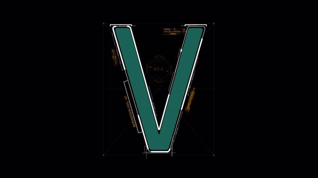 Animated Futuristic V Letter Reveal: Digital HUD Interface with System Data, Overlapping, and Repositioning Elements