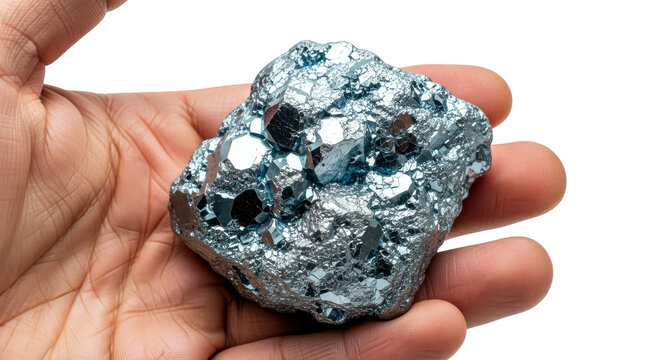 a hand gently presents a sparkling blue chalcopyrite cluster a treasure of natures metallic beauty, isolated on transparent background