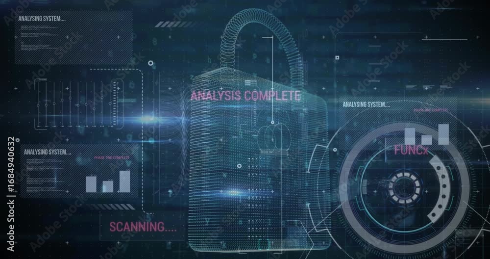 Poster animation of security padlock and data processing over navy background