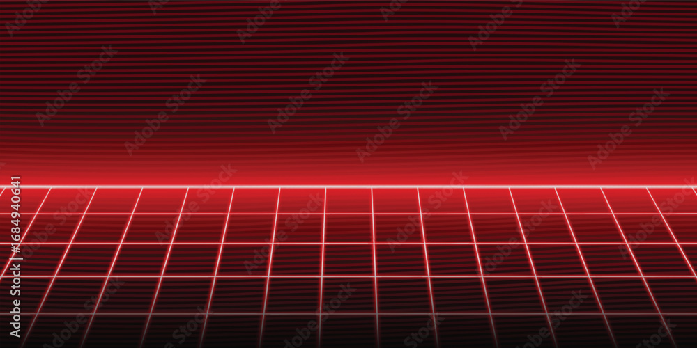 Poster stepping into a retro future landscape a neon grid glows with promise and possibility with bold geom