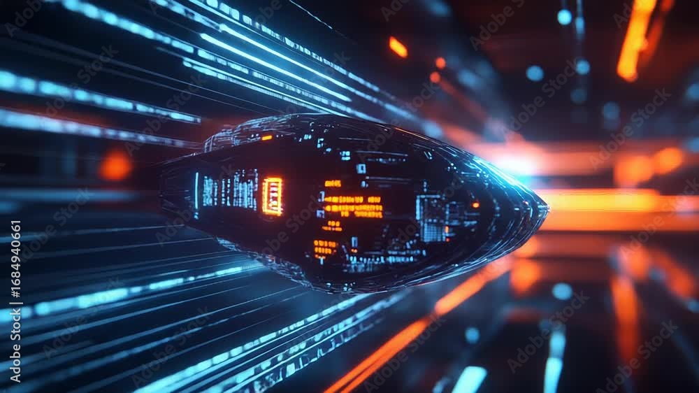 Aufkleber futuristic spaceship flying through digital data stream