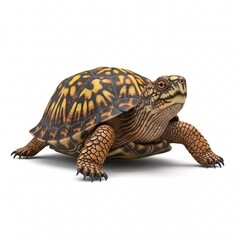 Obraz premium An adult turtle crawls forward with its neck extended, showing off its patterned shell and scaly legs
