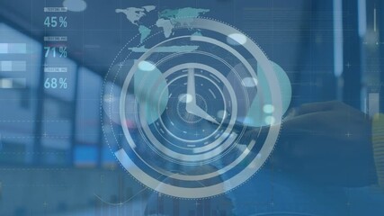 Animation of clock moving over diverse data and african american woman using smartphone - Powered by Adobe