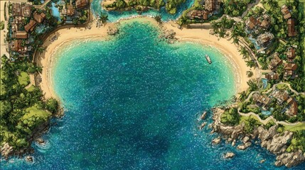 Fototapeta premium Top View of Tropical Bay with Resorts and Clear Blue Water