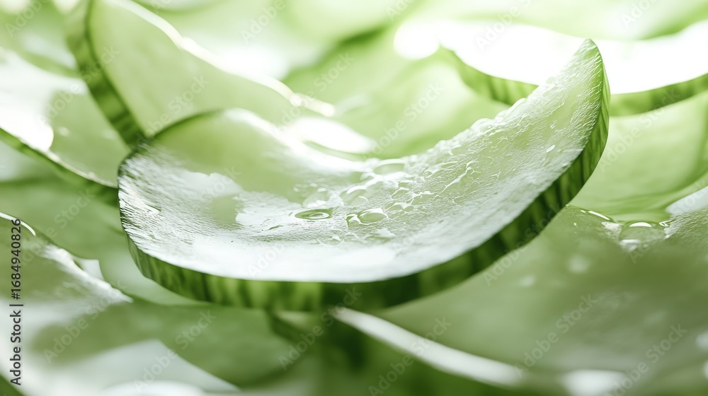 Poster Close-up view of fresh cucumber slices.