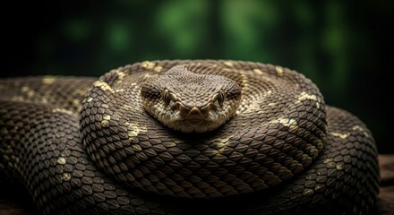 Obraz premium Close-up view of a coiled snake, showcasing intricate scales and a watchful gaze.