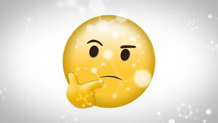 Animation of molecules over thinking emoticon on white background - Powered by Adobe