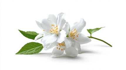 Fototapeta premium Ultra quality image of serene white jasmine blossom with delicate, star-shaped flowers, on a pure white background.