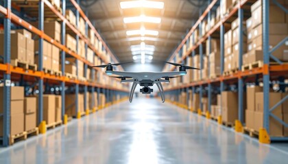 Drone in a warehouse, scanning inventory