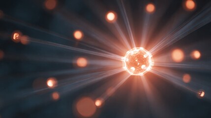 Obraz premium Microscopic virus cell with glowing light rays, medical illustration of infectious pathogen, orange molecular structure on dark background
