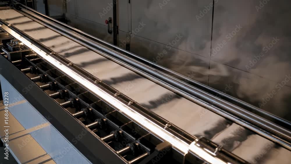 Poster industrial machine with steam conveying material in a manufacturing facility, creating a sense of ca