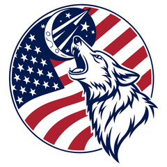 Naklejka premium Patriotic Wolf Howling at Flag Moon – Vector T-Shirt. Perfect for: outdoor lovers, hunters, 4th of July campers